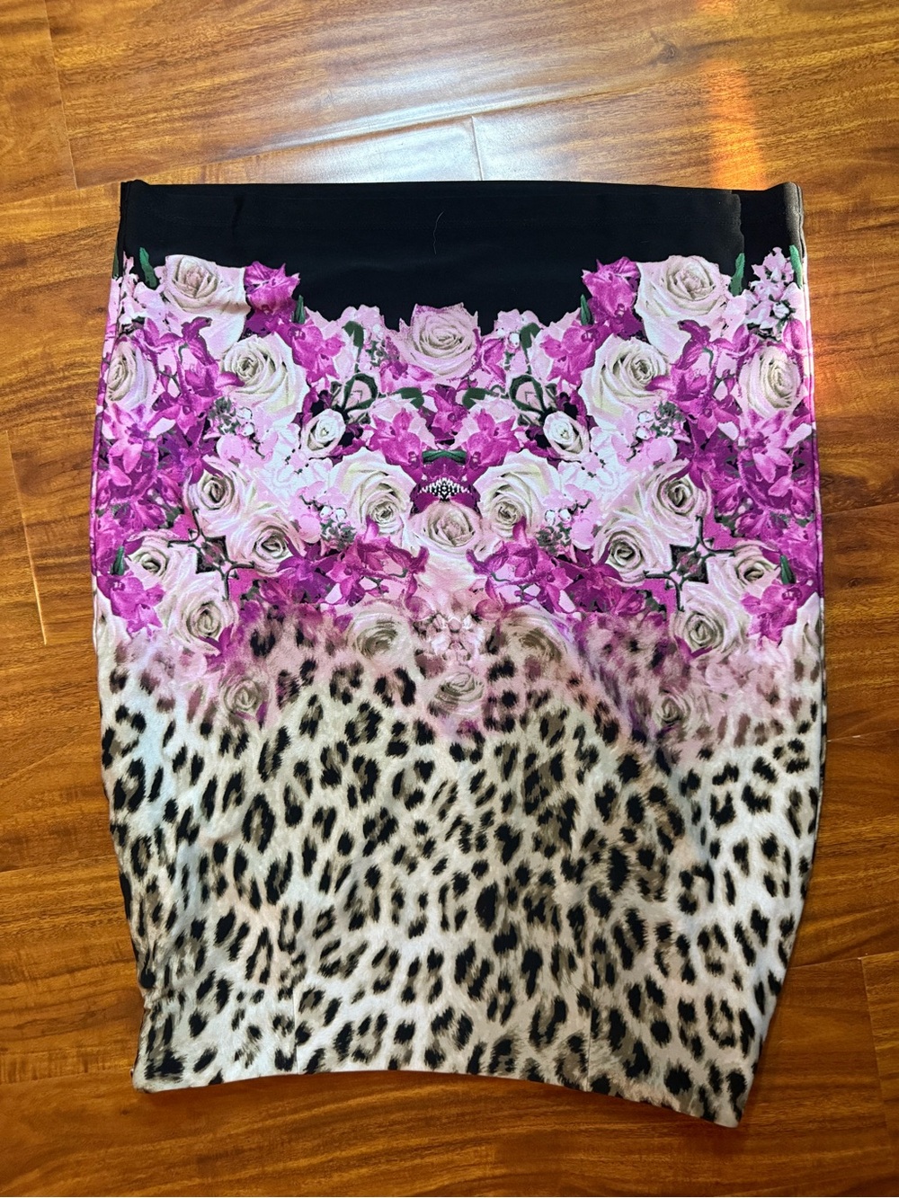Boston Proper Black Pencil Skirt with Pink Floral and Leopard Print